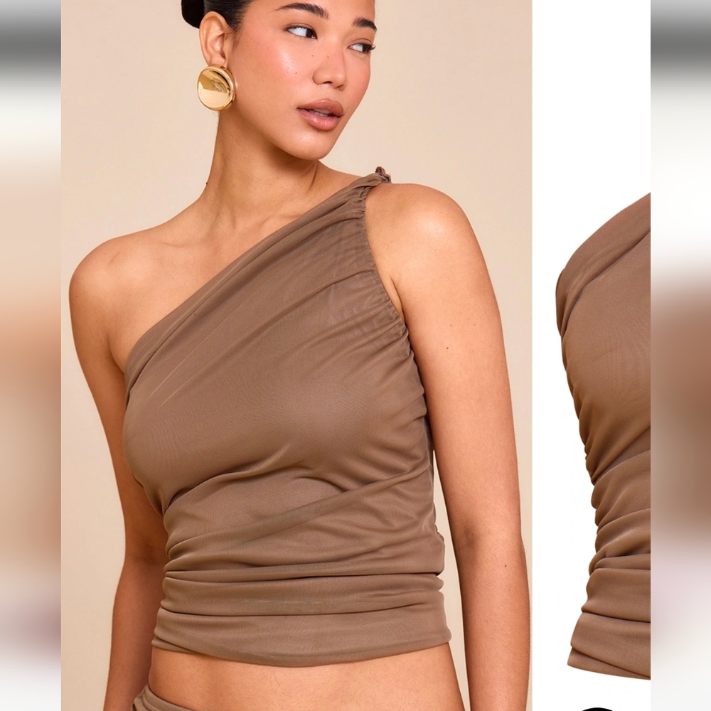 #125 NWT PrettyLittleThing Mushroom Mesh Asymmetric Long Top, Size 4
